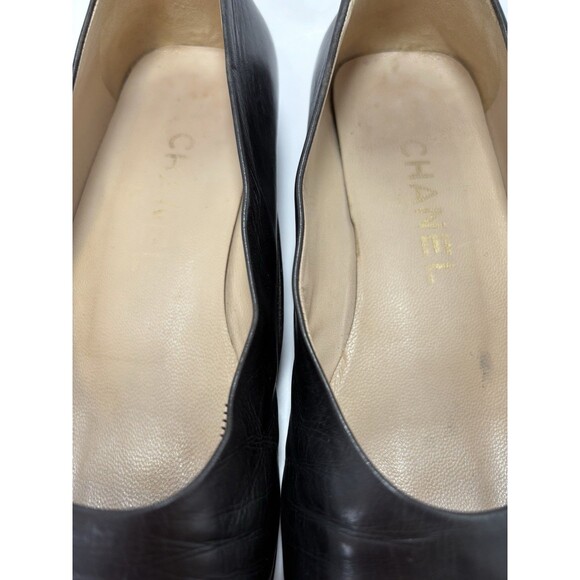 Chanel Square Toe Low Heel Black Leather Classic CC Logo Pumps EU Sz 35.5 5.5 - Picture 7 of 12